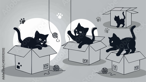 Playful black kittens exploring cardboard boxes with yarn balls.