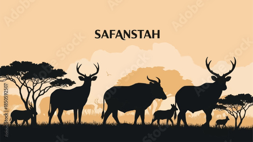 African Safari Wildlife Silhouette Scene with Antelopes and Wildebeest.