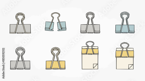 Set of Various Binder Clips and Paper Clips Collection.