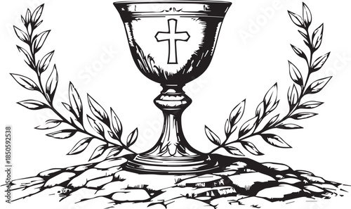 Black and white vector illustration of chalice with cross, laurel branches, and cracked ceremonial ground