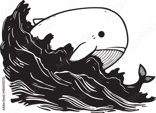 Black and white vector illustration of cartoon whale emerging from stylized waves with bold motion lines