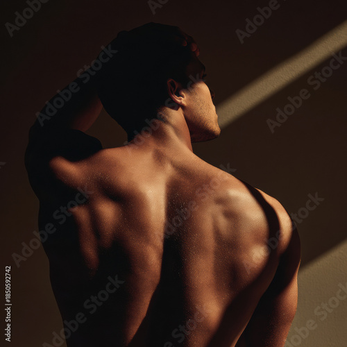 Back view of a muscular male body shaped by dramatic light and shadow, emphasizing human anatomy, strength, and physical identity.