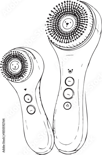 Black and white vector illustration of two handheld facial cleansing brushes with bristles and control buttons