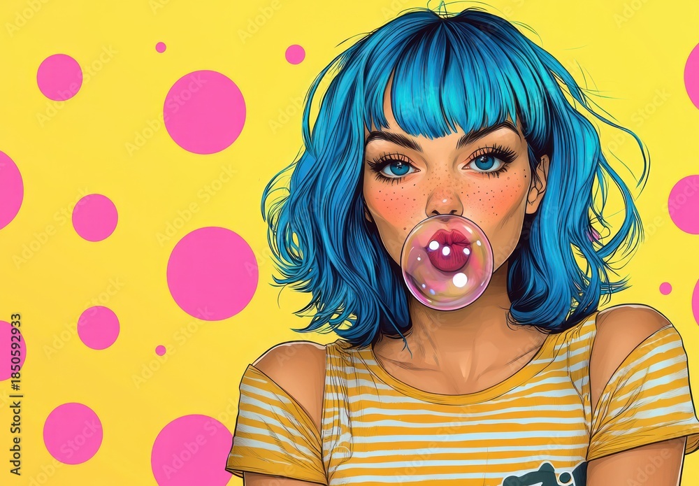 custom made wallpaper toronto digitalPlayful pop art portrait of a cheerful young woman with bright blue bob hair wearing a yellow and white striped off-shoulder top against a yellow background with bold pink polka dots