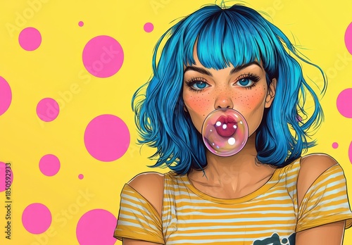 Playful pop art portrait of a cheerful young woman with bright blue bob hair wearing a yellow and white striped off-shoulder top against a yellow background with bold pink polka dots