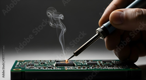 Technician Soldering Microchip on Printed Circuit Board