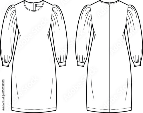 Women midi dress vector illustration, front back views, blank long sleeve fashion mockup, elegant apparel design template branding marketing editorial