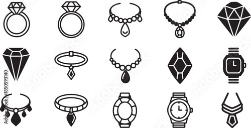 Black line icons of luxury jewelry and watches