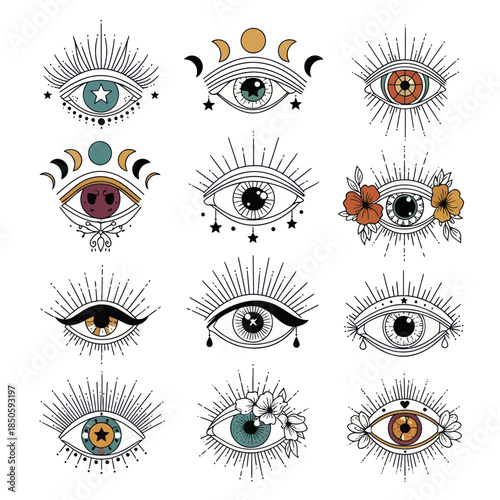 Collection of mystical eye illustrations with celestial and floral elements.