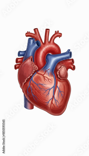 A detailed anatomical illustration of the human heart showing major arteries and veins.