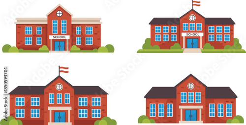 Flat vector illustration set of classic red brick school buildings with clock towers and flags isolated on white.