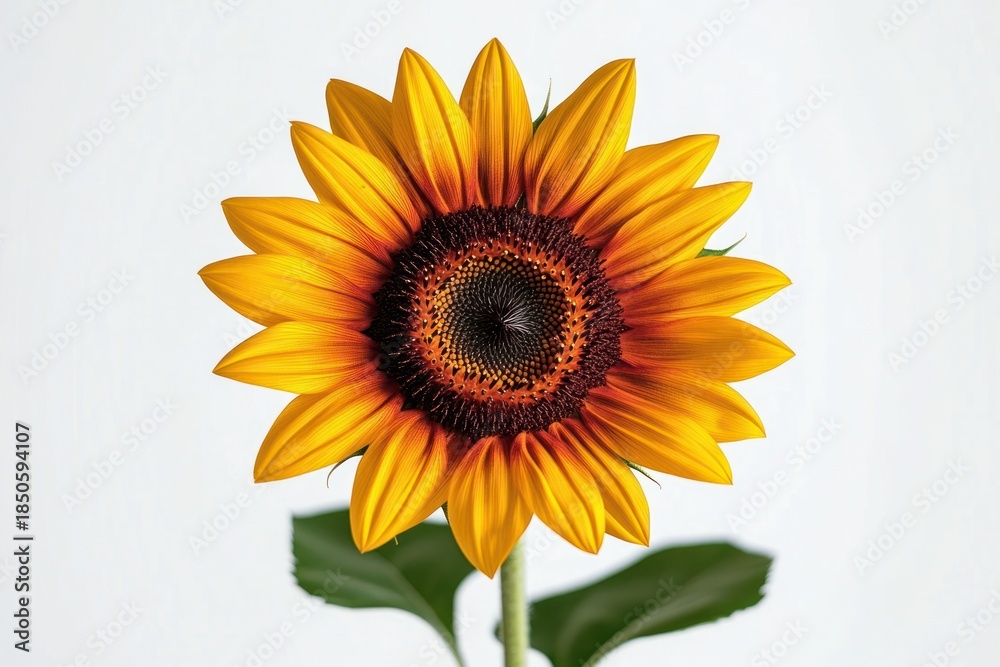 Fototapeta premium single vibrant sunflower with yellow and orange petals, dark seed center and green leaves on a clean white background, cheerful bright mood