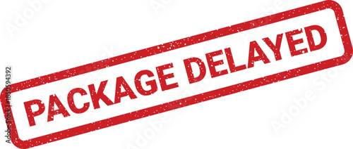 Grunge rubber stamp with PACKAGE DELAYED text indicating a shipping status update and notification