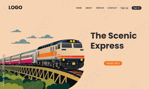 Modern Railway Landing Page Template with Scenic Train Illustration