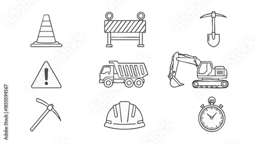 Construction site icons set safety symbols and equipment.