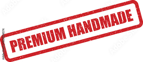 Grunge style red rectangular stamp impression displaying the words Premium Handmade on an isolated background