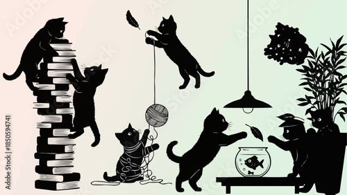 Playful black cats silhouette engaged in various activities like climbing books and playing with yarn.
