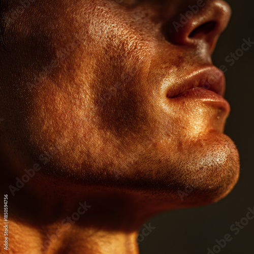 Extreme close-up of a Caucasian adult human face showing natural pores, skin texture, and facial contours under directional light, highlighting realism and the physical presence of the human body.