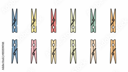 Collection of colorful wooden clothespins arranged in two rows.