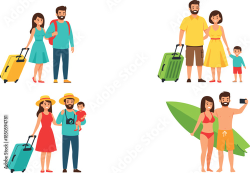 Flat vector illustration set of happy families and couples with luggage traveling on summer vacation or beach holiday.