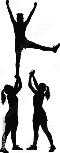 Three Female Cheerleaders Performing a Two-Person Base and Flyer Pyramid Formation Vector Illustration for Sports Graphics
