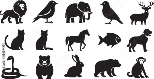 Black silhouettes of various wild and domestic animals