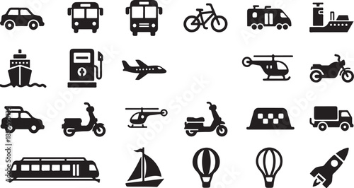 Various transportation icons for modern travel and logistics