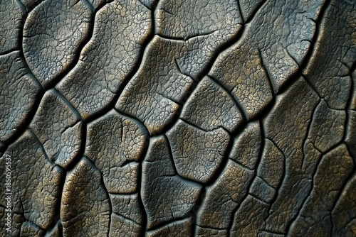 Close-up of cracked leathery surface with deep fissures and plate-like segments in gray and brown tones, evoking age, dryness and resilient desolation