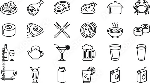 food and drink icons, culinary vector pack, beverage symbols, restaurant elements, editable, scalable, outline style, clean, minimal, graphic