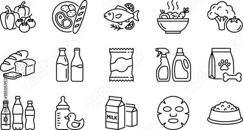 grocery icon set, household item symbols, food vector pack, kitchen essentials, cleaning supplies, pet products, editable, scalable, outline, minimal