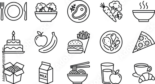 Food icons, healthy meals, fast food, fruits, vegetables, soup, cake, pizza, noodles, milk, juice, breakfast, lunch, dinner, nutrition, restaurant, menu, cooking, kitchen, diet, illustration