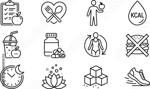 health lifestyle icons, wellness symbol set, nutrition vector pack, fitness elements, editable, scalable, outline style, clean, minimal, graphic