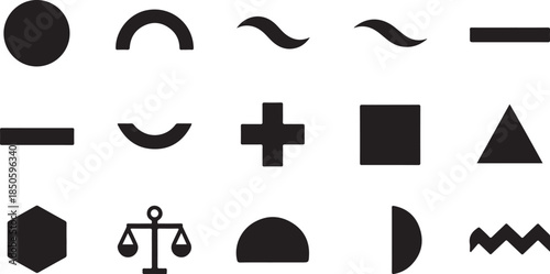 Geometric shapes and symbols in black on white background