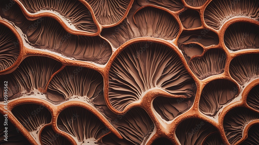 Fototapeta premium Intricate close-up of mushroom gills creating an abstract organic texture pattern
