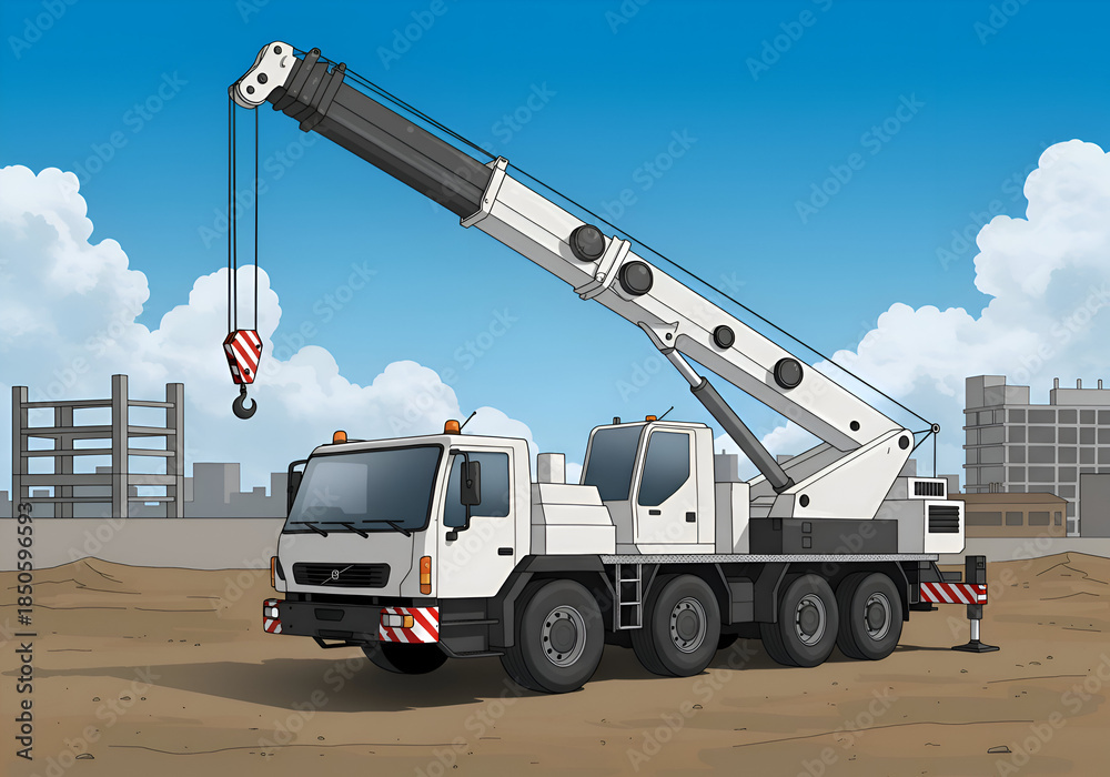 Obraz premium White construction crane on a construction site with city skyline view. Stationary crane with extended arm at a building site in the city.