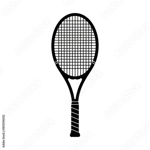 Black and white tennis racket illustration on white background.