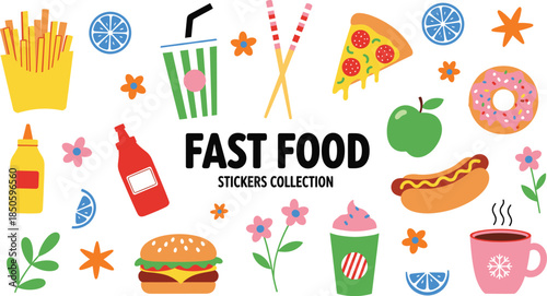 Flat vector illustration set of fast food stickers featuring burger pizza hotdog donut french fries and coffee drinks.