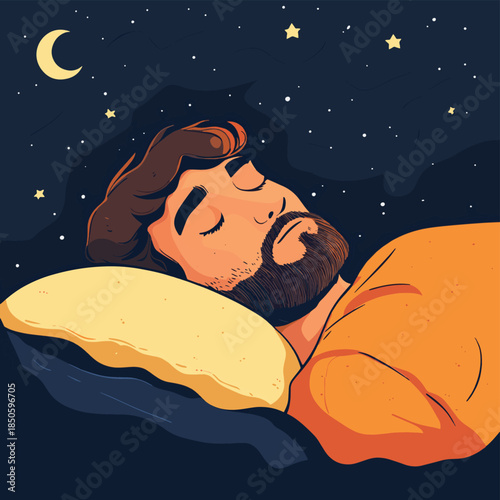 Man sleeping nighttime relaxation , vector style simple color