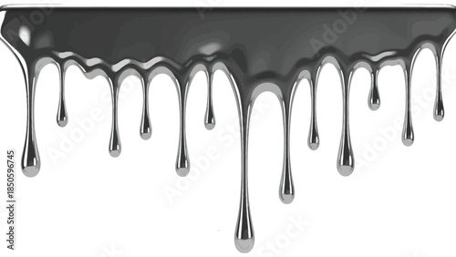 Metallic Silver Liquid Drips Border Vector Illustration, Glossy Chrome Paint Flow Effect, Abstract Modern Graphic Design Element
