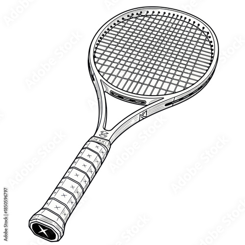 Detailed Line Art of a Tennis Racket with Strings.