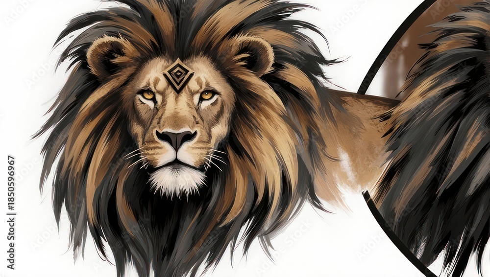 Obraz premium Majestic Lion with Golden Mane and Intricate Forehead Symbol.