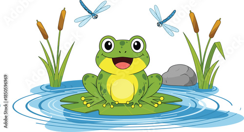 Cute green frog character sitting on a lily pad in a pond with dragonflies and cattails vector illustration.