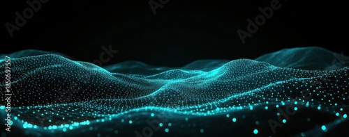 Glowing teal dotted mesh forming undulating digital landscape waves on black background, futuristic and mysterious mood