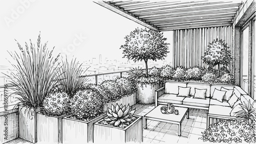 Modern outdoor terrace patio design with comfortable sofa and potted plants sketch