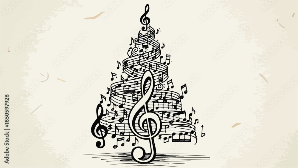 Obraz premium Creative christmas tree made of diverse musical notes and symbols vector sketch