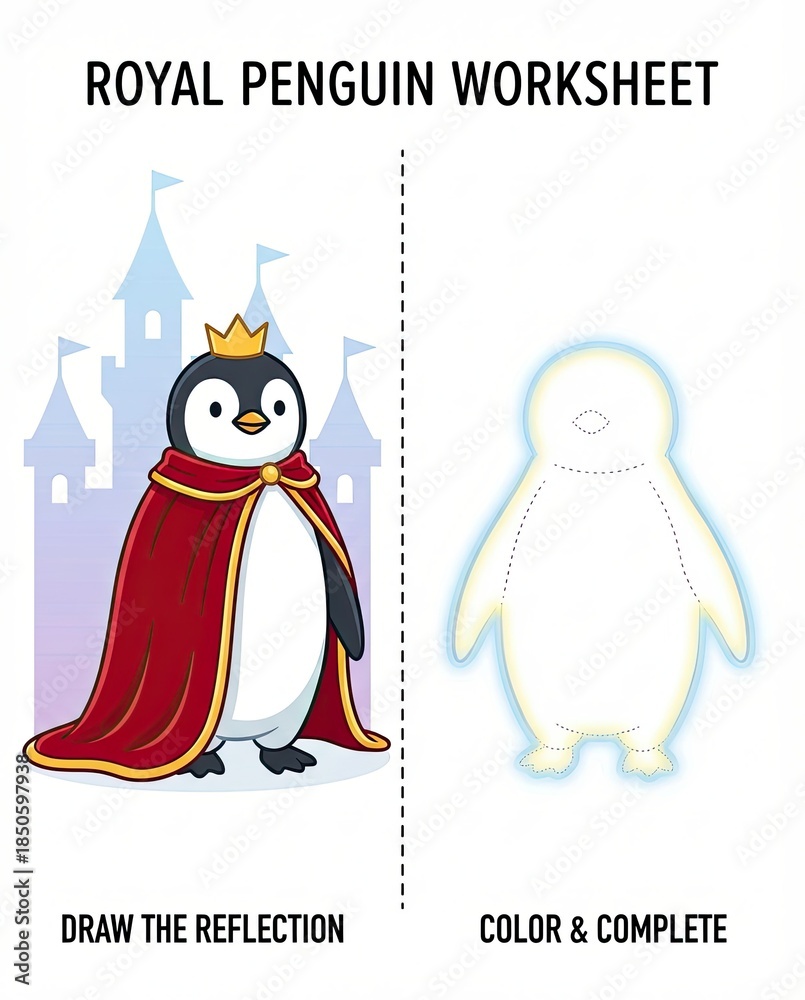 Obraz premium professional lifestyle concept Royal Penguin Worksheet: Draw and Color Activity for Kids modern commercial usage