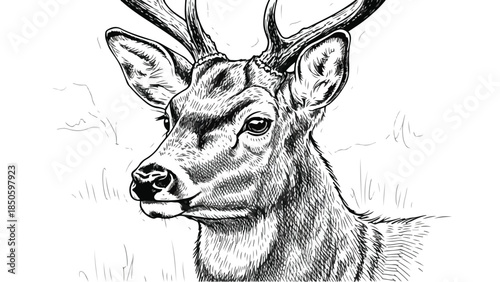 Detailed head of a majestic stag deer with antlers looking sideways vector sketch