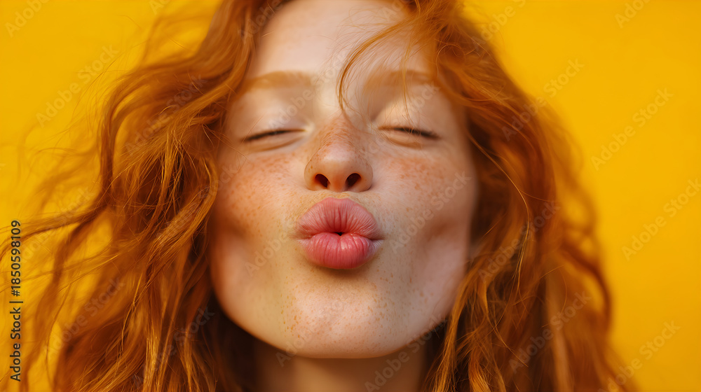 Naklejka premium Young red-haired woman with closed eyes making a kiss face expression with a yellow background. Kiss a ginger day, Valentines Day.