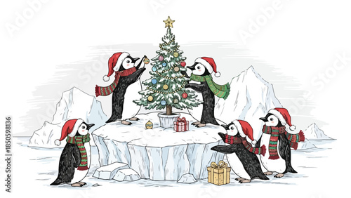Cute penguins decorating a christmas tree on an ice floe vector sketch