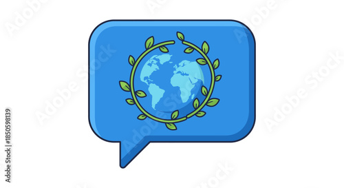 eco friendly global communication icon with earth and green leaves in blue chat bubble symbolizing sustainable social media messaging